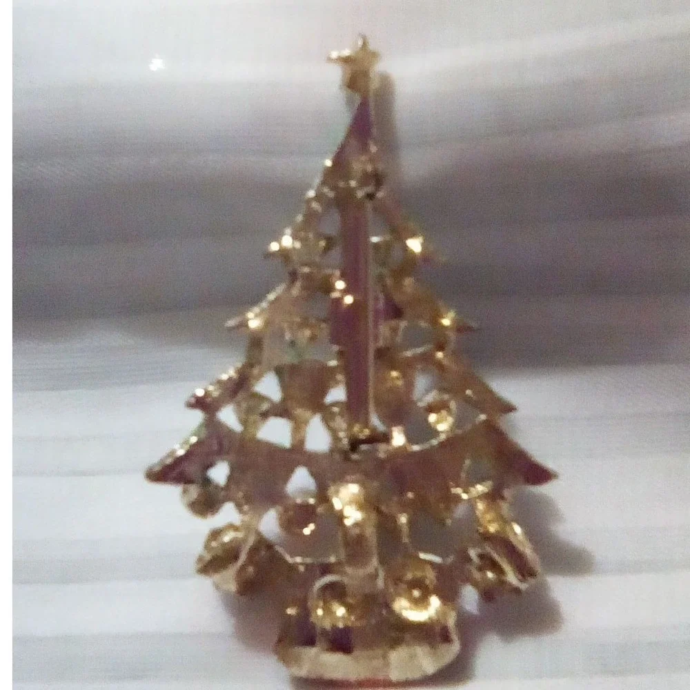 Vintage Red &Green Enamel Rhinestones Christmas Tree, Brooch